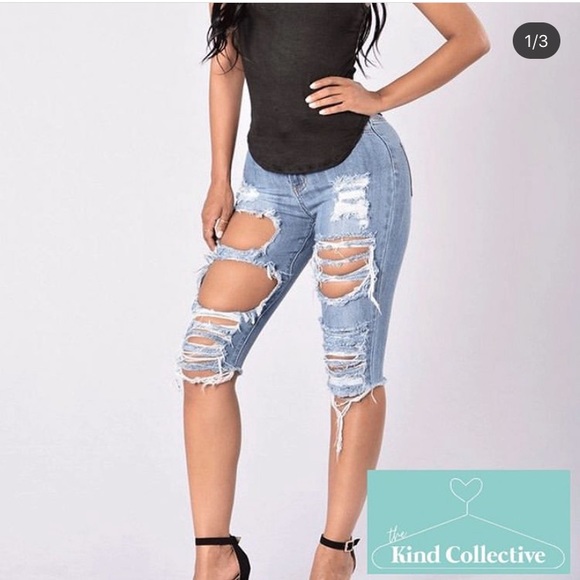 Fashion Nova Ripped Denim Bermuda Capri 